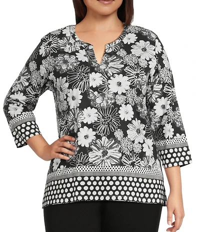 Allison Daley Plus Size Floral Print 3/4 Sleeve V-Neck Top