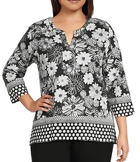 Allison Daley Plus Size Floral Print 3/4 Sleeve V-Neck Top