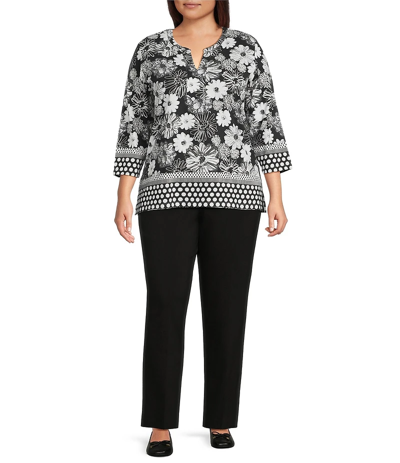 Allison Daley Plus Size Floral Print 3/4 Sleeve V-Neck Top