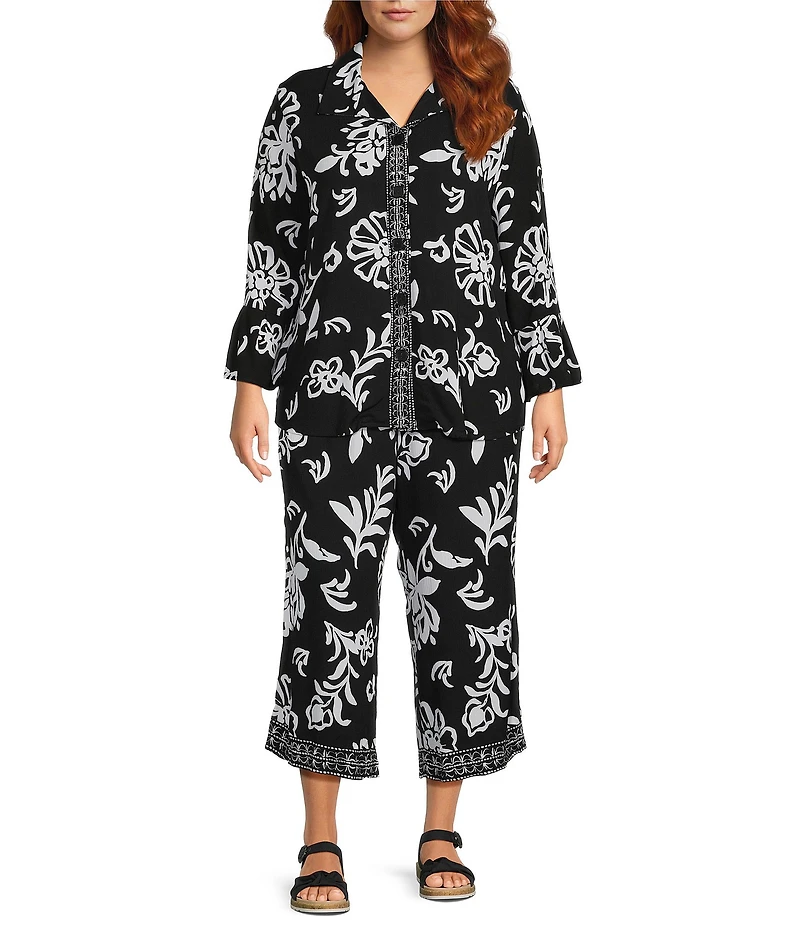 Allison Daley Plus Size Floral Print Pull-On Crinkle Soft Crop Pants