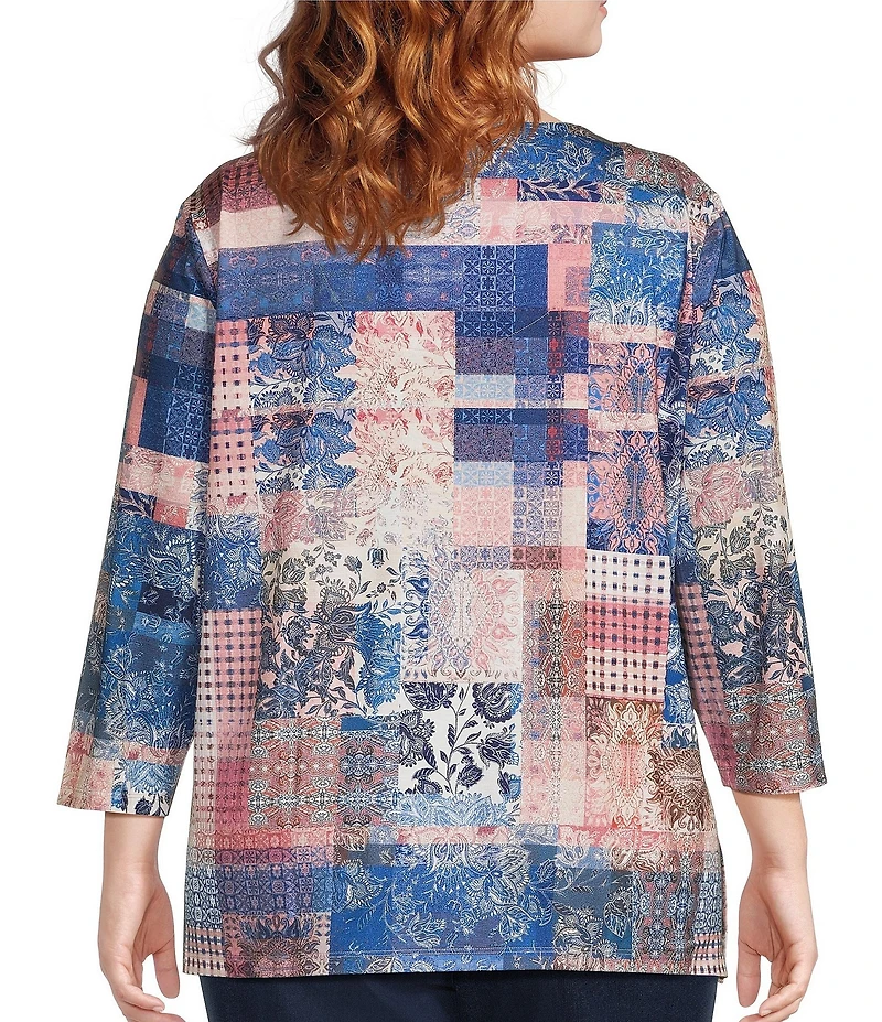 Allison Daley Plus Size Flowering Plaid Print 3/4 Sleeve Split-V Neck Knit Top