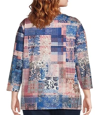 Allison Daley Plus Size Flowering Plaid Print 3/4 Sleeve Split-V Neck Knit Top