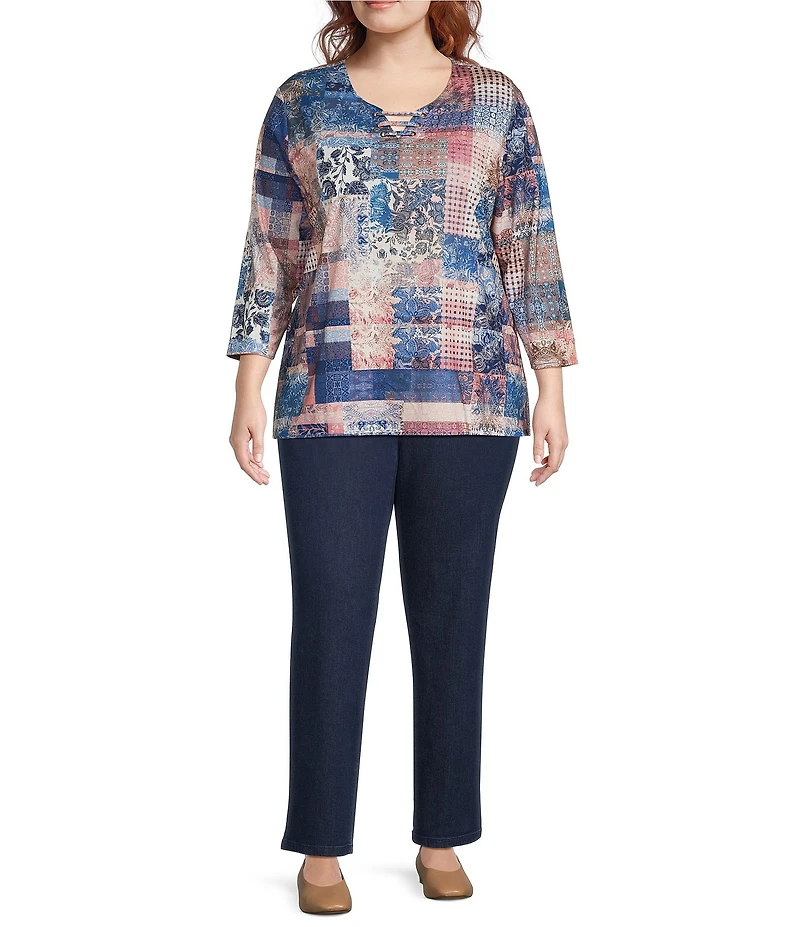 Allison Daley Plus Size Flowering Plaid Print 3/4 Sleeve Split-V Neck Knit Top