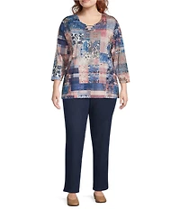 Allison Daley Plus Size Flowering Plaid Print 3/4 Sleeve Split-V Neck Knit Top