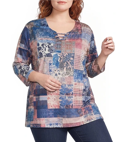 Allison Daley Plus Size Flowering Plaid Print 3/4 Sleeve Split-V Neck Knit Top