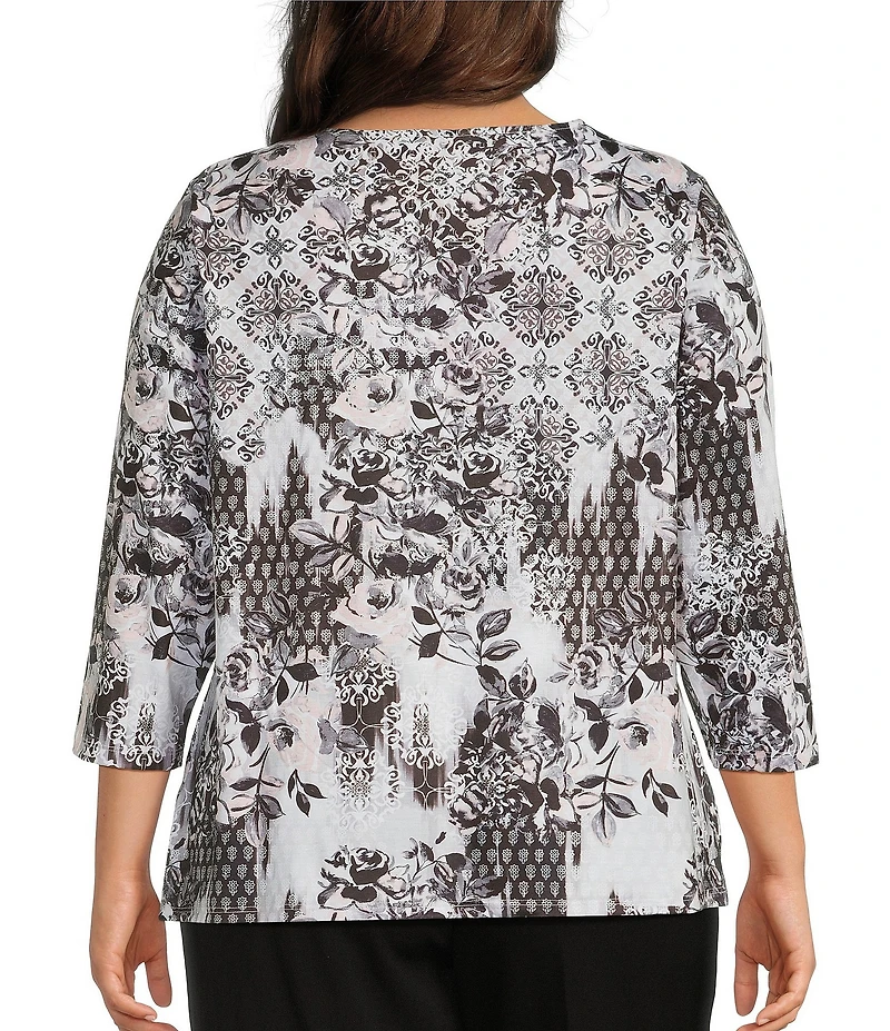 Allison Daley Plus Size Foulard Floral Print Embellished 3/4 Sleeve V-Neck Knit Top
