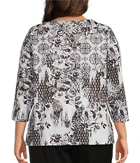 Allison Daley Plus Size Foulard Floral Print Embellished 3/4 Sleeve V-Neck Knit Top