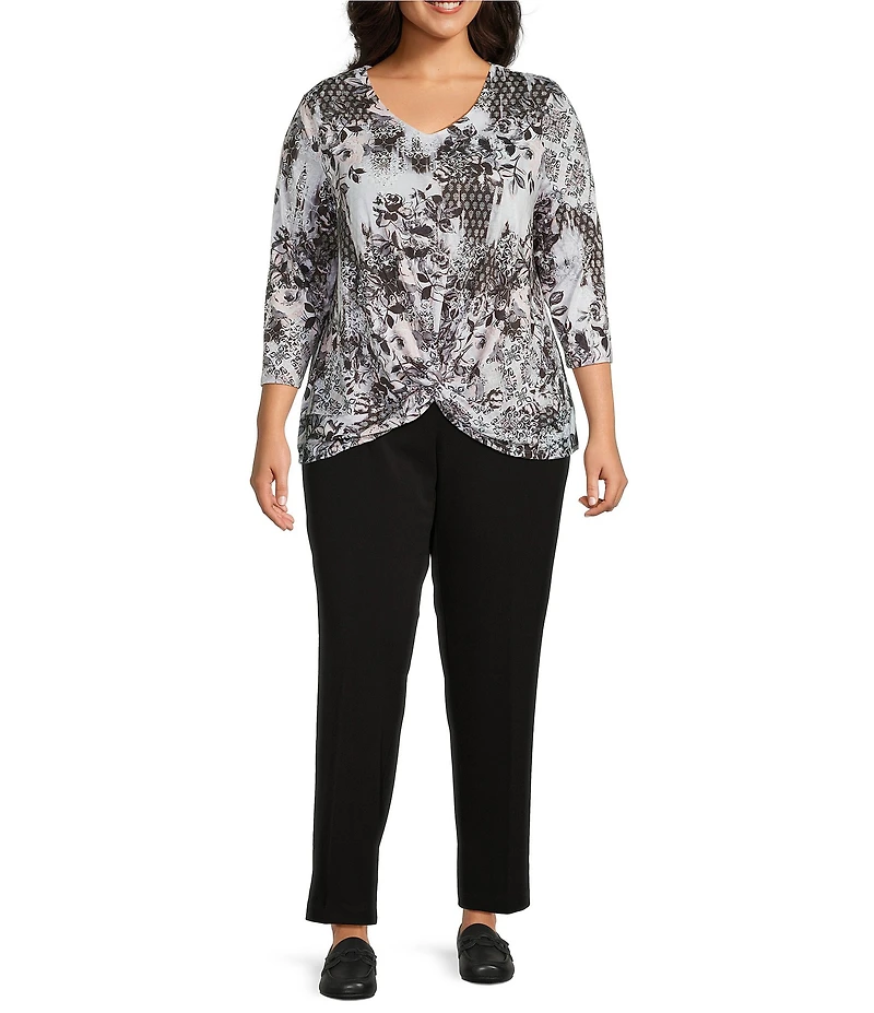 Allison Daley Plus Size Foulard Floral Print Embellished 3/4 Sleeve V-Neck Knit Top