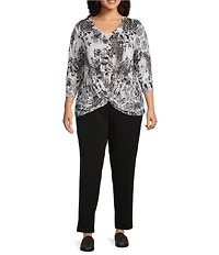 Allison Daley Plus Size Foulard Floral Print Embellished 3/4 Sleeve V-Neck Knit Top