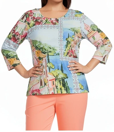 Allison Daley Plus Size French Blue Patch Print 3/4 Sleeve Crew Neck Knit Top