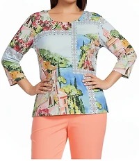 Allison Daley Plus Size French Blue Patch Print 3/4 Sleeve Crew Neck Knit Top