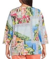 Allison Daley Plus Size French Blue Patch Print 3/4 Sleeve Crew Neck Knit Top