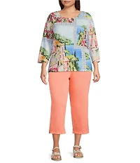 Allison Daley Plus Size French Blue Patch Print 3/4 Sleeve Crew Neck Knit Top