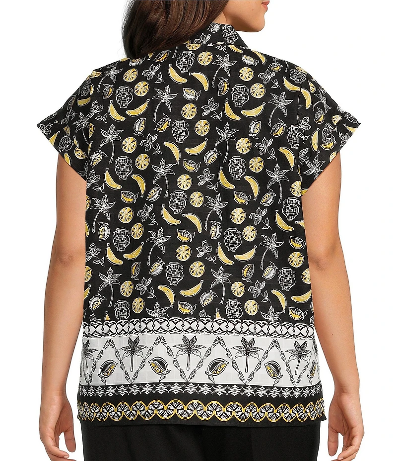 Allison Daley Plus Size Fruit Print Cap Sleeve Point Collar Button-Front Shirt