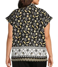Allison Daley Plus Size Fruit Print Cap Sleeve Point Collar Button-Front Shirt