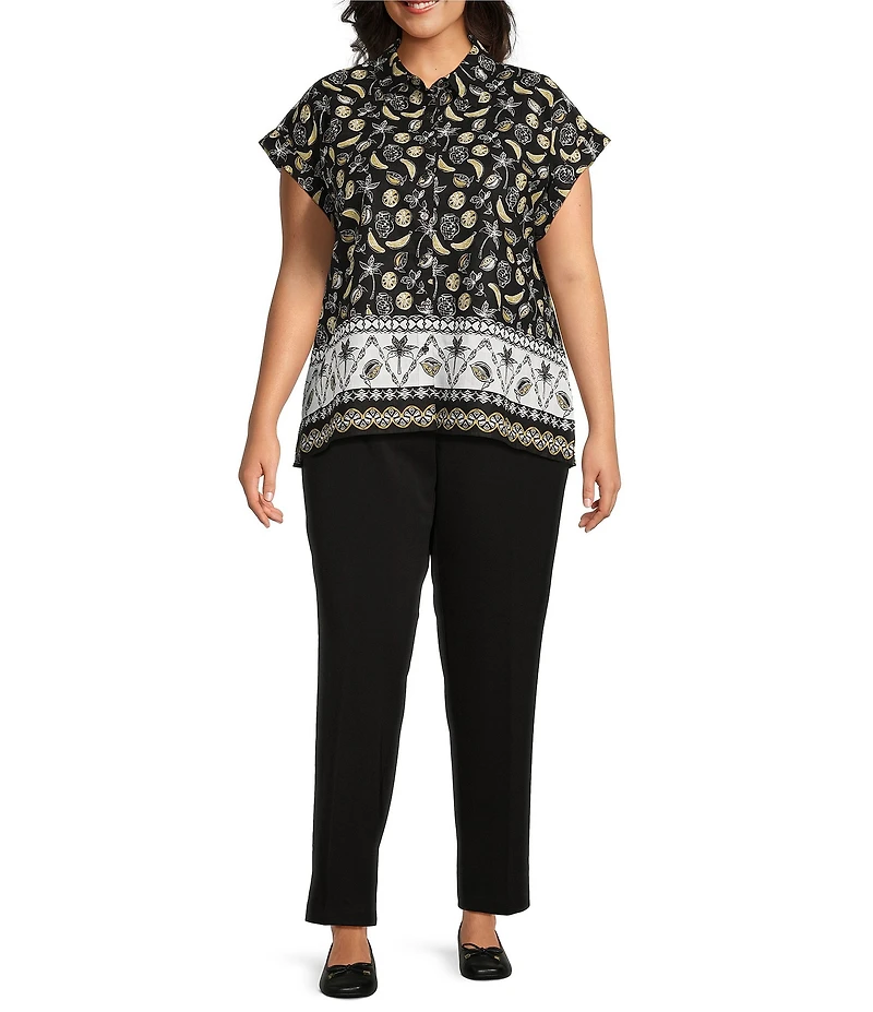 Allison Daley Plus Size Fruit Print Cap Sleeve Point Collar Button-Front Shirt