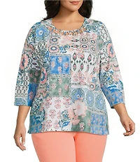 Allison Daley Plus Size Ikat Collage 3/4 Sleeve Crew Crisscross Neck Embellished Knit Top