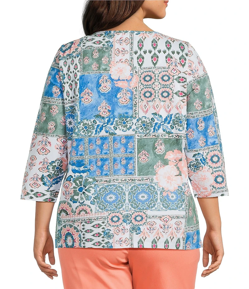 Allison Daley Plus Size Ikat Collage 3/4 Sleeve Crew Crisscross Neck Embellished Knit Top