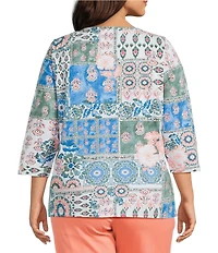 Allison Daley Plus Size Ikat Collage 3/4 Sleeve Crew Crisscross Neck Embellished Knit Top