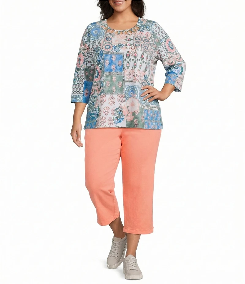 Allison Daley Plus Size Ikat Collage 3/4 Sleeve Crew Crisscross Neck Embellished Knit Top