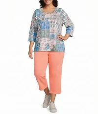 Allison Daley Plus Size Ikat Collage 3/4 Sleeve Crew Crisscross Neck Embellished Knit Top