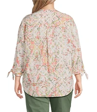 Allison Daley Plus Size Ikat Diamond Print 3/4 Tie Sleeve Y-Neck Button Front Tie-Hem Blouse