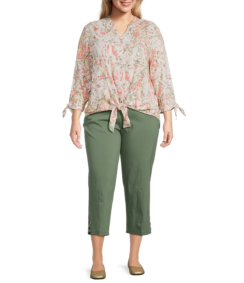 Allison Daley Plus Size Ikat Diamond Print 3/4 Tie Sleeve Y-Neck Button Front Tie-Hem Blouse