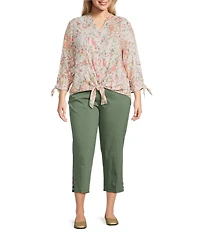 Allison Daley Plus Size Ikat Diamond Print 3/4 Tie Sleeve Y-Neck Button Front Tie-Hem Blouse