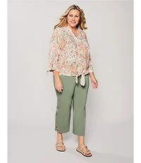 Allison Daley Plus Size Ikat Diamond Print 3/4 Tie Sleeve Y-Neck Button Front Tie-Hem Blouse