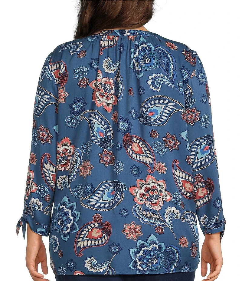 Allison Daley Plus Size Indigo Multi Floral Print 3/4 Tie Sleeve Y-Neck Blouse