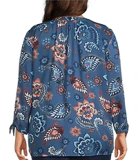 Allison Daley Plus Size Indigo Multi Floral Print 3/4 Tie Sleeve Y-Neck Blouse
