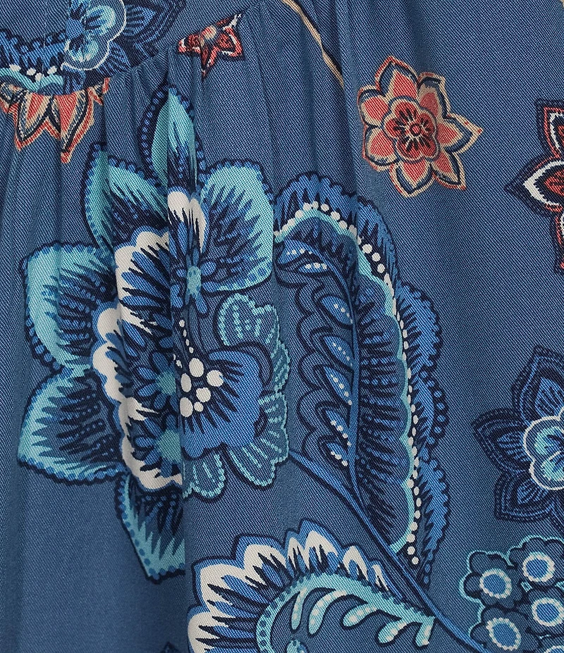 Allison Daley Plus Size Indigo Multi Floral Print 3/4 Tie Sleeve Y-Neck Blouse