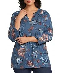 Allison Daley Plus Size Indigo Multi Floral Print 3/4 Tie Sleeve Y-Neck Blouse