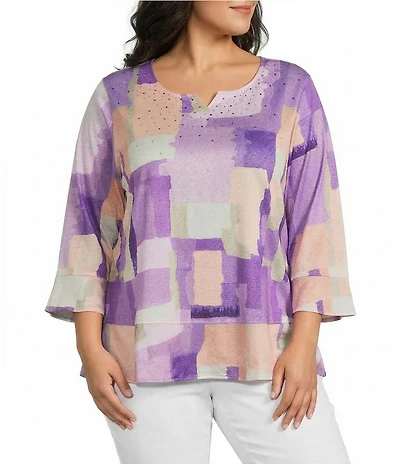 Allison Daley Plus Size Lavender Color Block 3/4 Flounce Sleeve V-Neck Knit Top