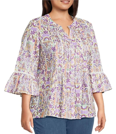 Allison Daley Plus Size Lavender Garden Print 3/4 Bell Sleeve Button Front Y-Neck Blouse