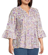 Allison Daley Plus Size Lavender Garden Print 3/4 Bell Sleeve Button Front Y-Neck Blouse