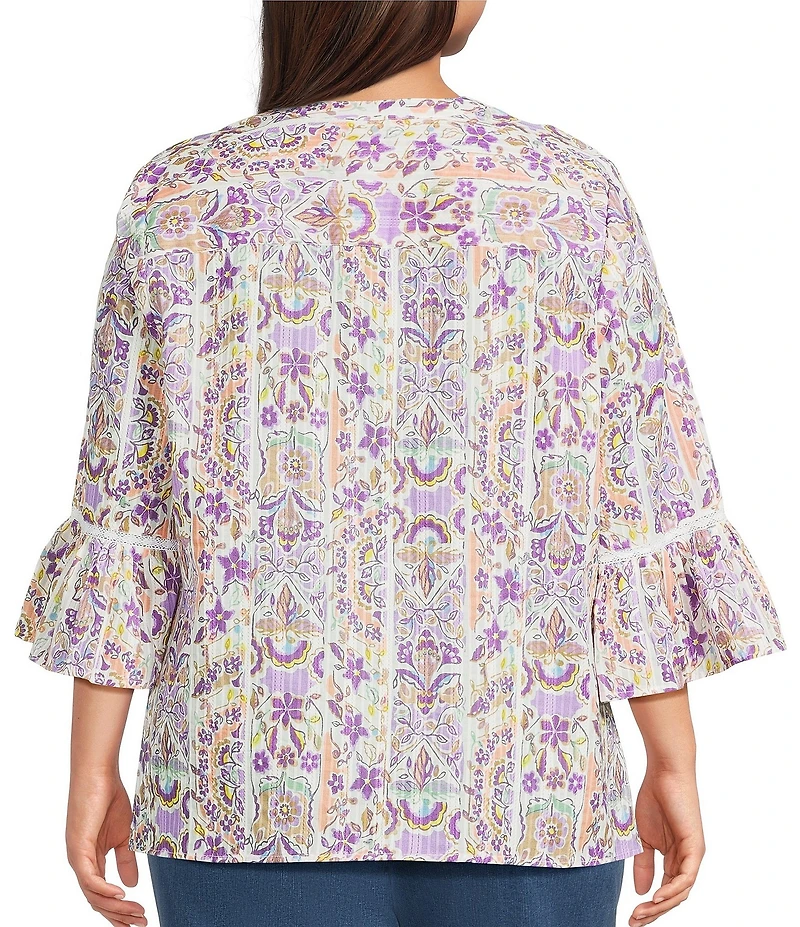 Allison Daley Plus Size Lavender Garden Print 3/4 Bell Sleeve Button Front Y-Neck Blouse