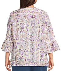 Allison Daley Plus Size Lavender Garden Print 3/4 Bell Sleeve Button Front Y-Neck Blouse