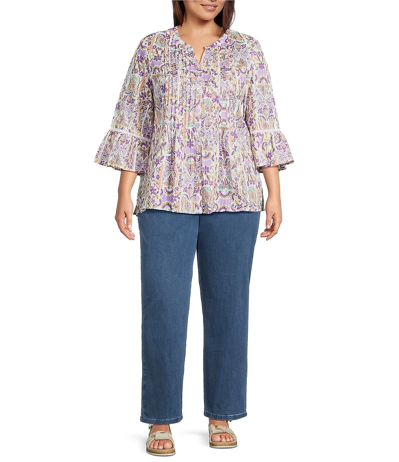 Allison Daley Plus Size Lavender Garden Print 3/4 Bell Sleeve Button Front Y-Neck Blouse