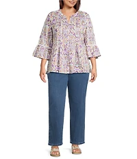 Allison Daley Plus Size Lavender Garden Print 3/4 Bell Sleeve Button Front Y-Neck Blouse