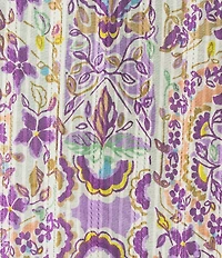 Allison Daley Plus Size Lavender Garden Print 3/4 Bell Sleeve Button Front Y-Neck Blouse