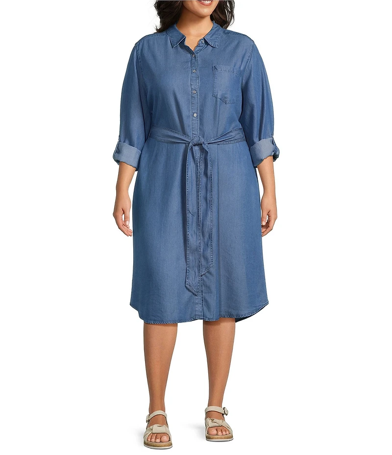 Allison Daley Plus Size Light Indigo Wash Long Roll-Tab Sleeve Point Collar Neck Lyocell Denim Midi Shirt Dress