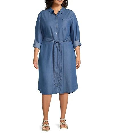 Allison Daley Plus Size Light Indigo Wash Long Roll-Tab Sleeve Point Collar Neck Lyocell Denim Midi Shirt Dress