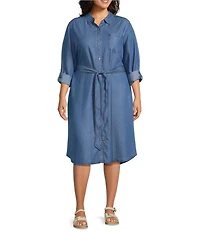 Allison Daley Plus Size Light Indigo Wash Long Roll-Tab Sleeve Point Collar Neck Lyocell Denim Midi Shirt Dress