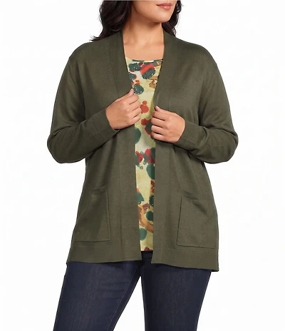 Allison Daley Plus Size Long Sleeve Open-Front Rib Trim Cardigan