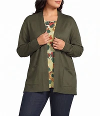 Allison Daley Plus Size Long Sleeve Open-Front Rib Trim Cardigan