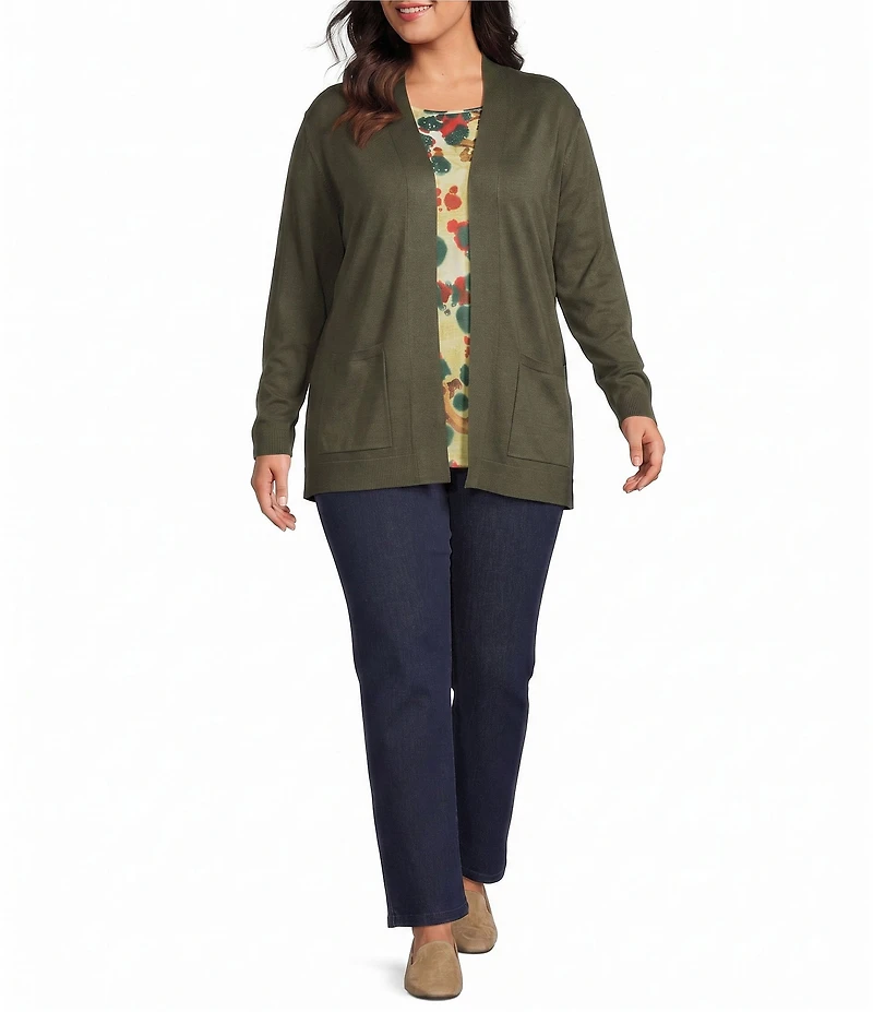 Allison Daley Plus Size Long Sleeve Open-Front Rib Trim Cardigan