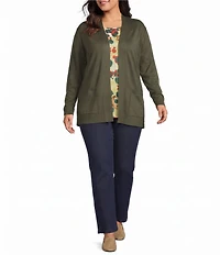 Allison Daley Plus Size Long Sleeve Open-Front Rib Trim Cardigan