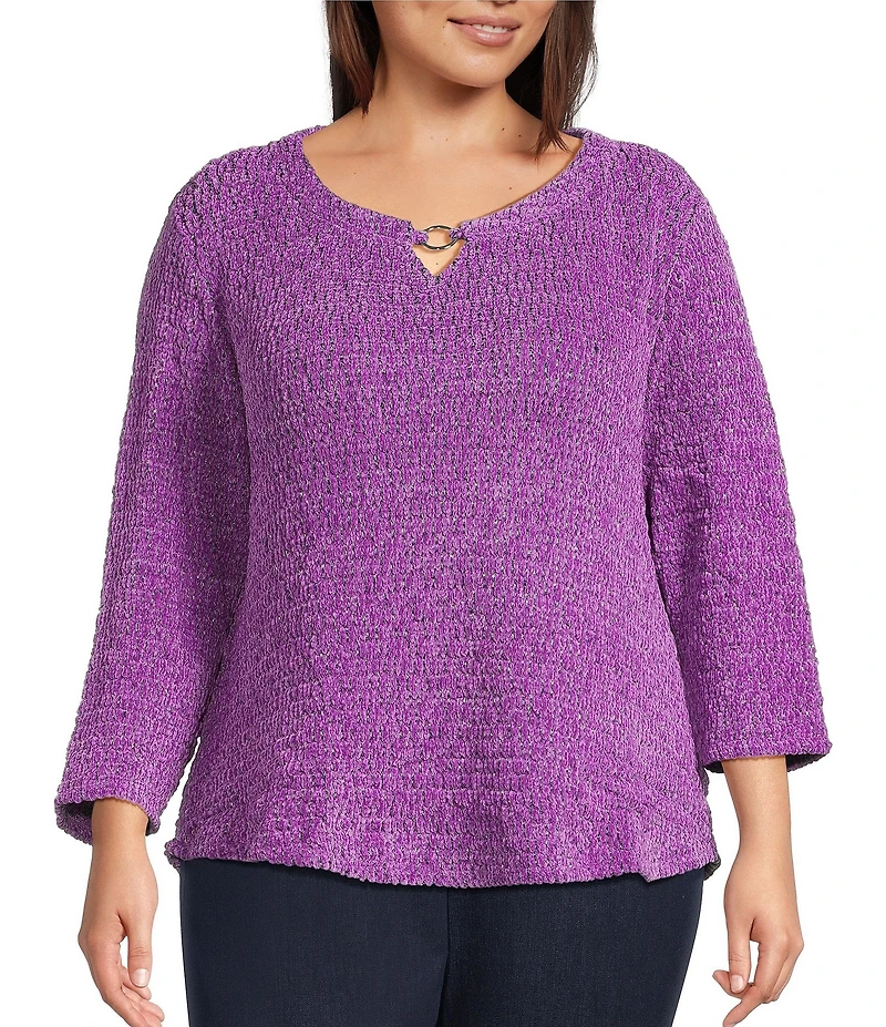 Allison Daley Plus Size Metallic Chenille 3/4 Sleeve O-Ring Keyhole Knit Top