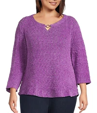Allison Daley Plus Size Metallic Chenille 3/4 Sleeve O-Ring Keyhole Knit Top